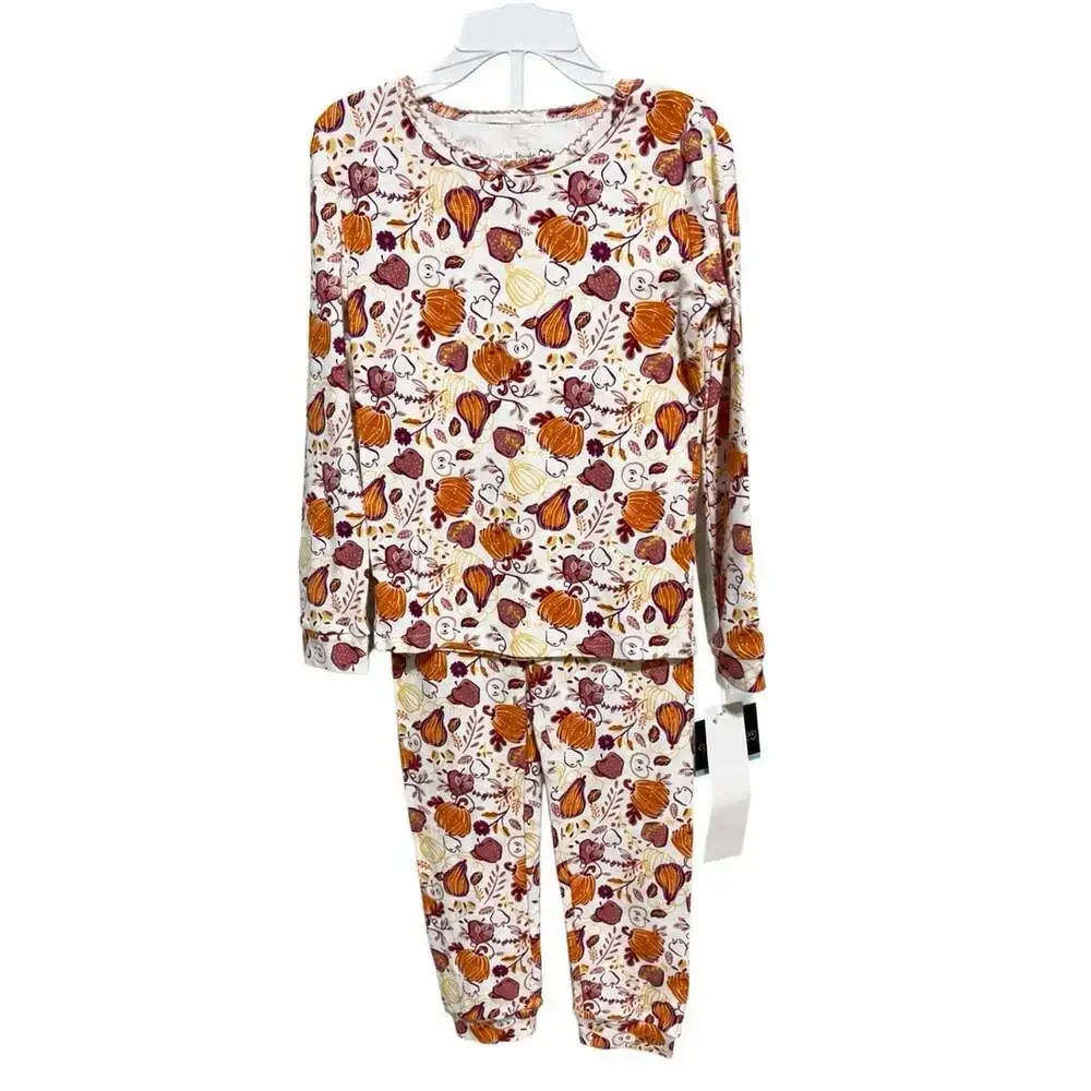 Cynthia Rowley Girls 2 Pc Pajama Set Size 7 Fall Pumpkins Apples 100% Cotton NWT